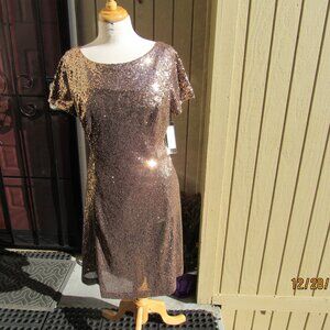 #736  NEW WOMAN'S GOLD SEQUIN EVENING DRESS BY SLNY  (SIZE 16)